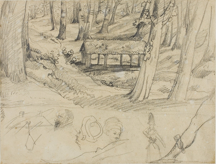 Forest Interior with Thatched Hut, and Other Sketches: Jean Louis André Théodore Géricault,16x12
