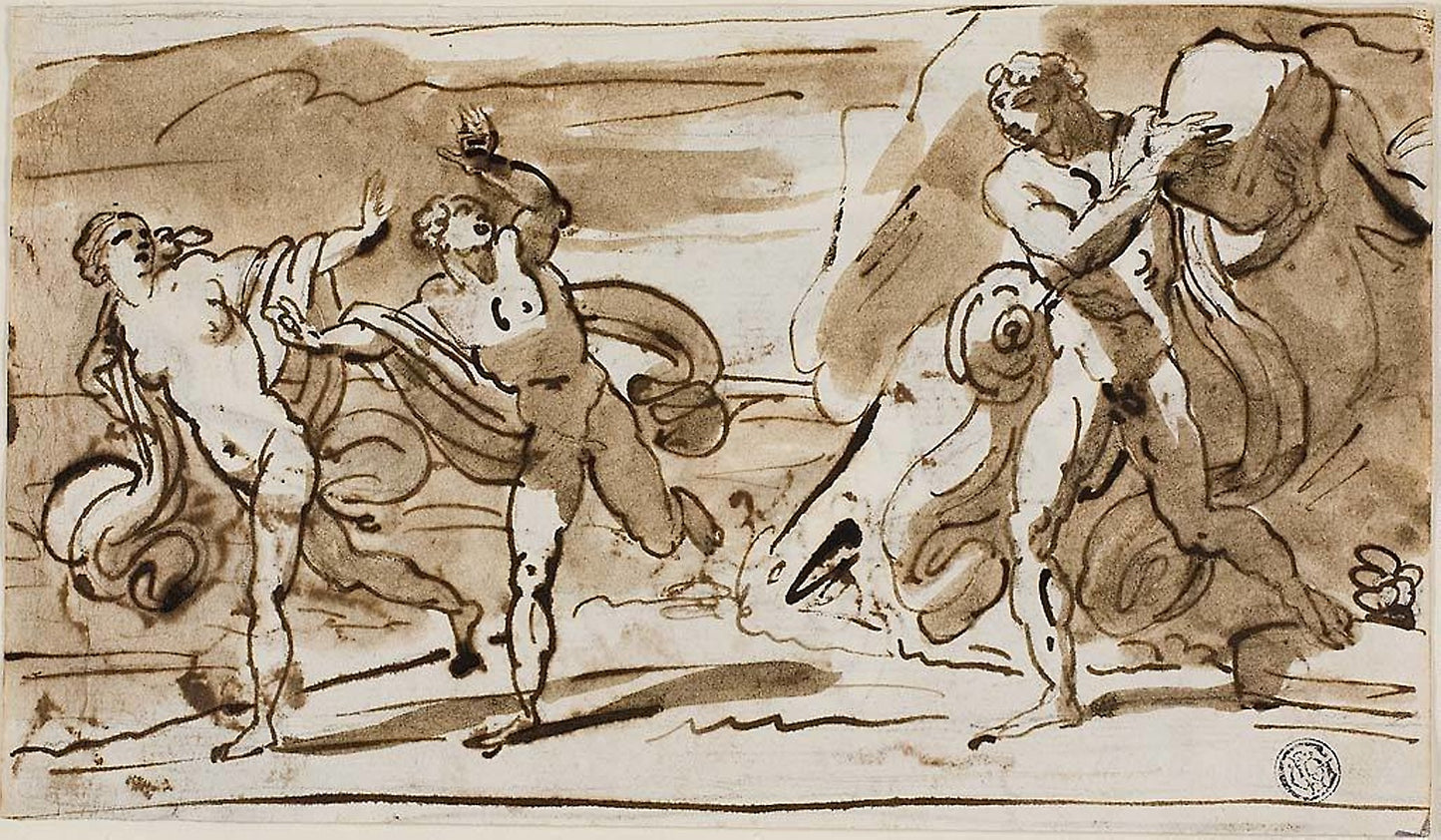 Polyphemus Throwing Boulders at the Fleeing Aeis and Galatea (recto); Polyphemus Playing His Reed Pipes for Galatea (verso) -  Pobably Felice Giani (Italian, 1758-1823),  Poster Print Wall Art