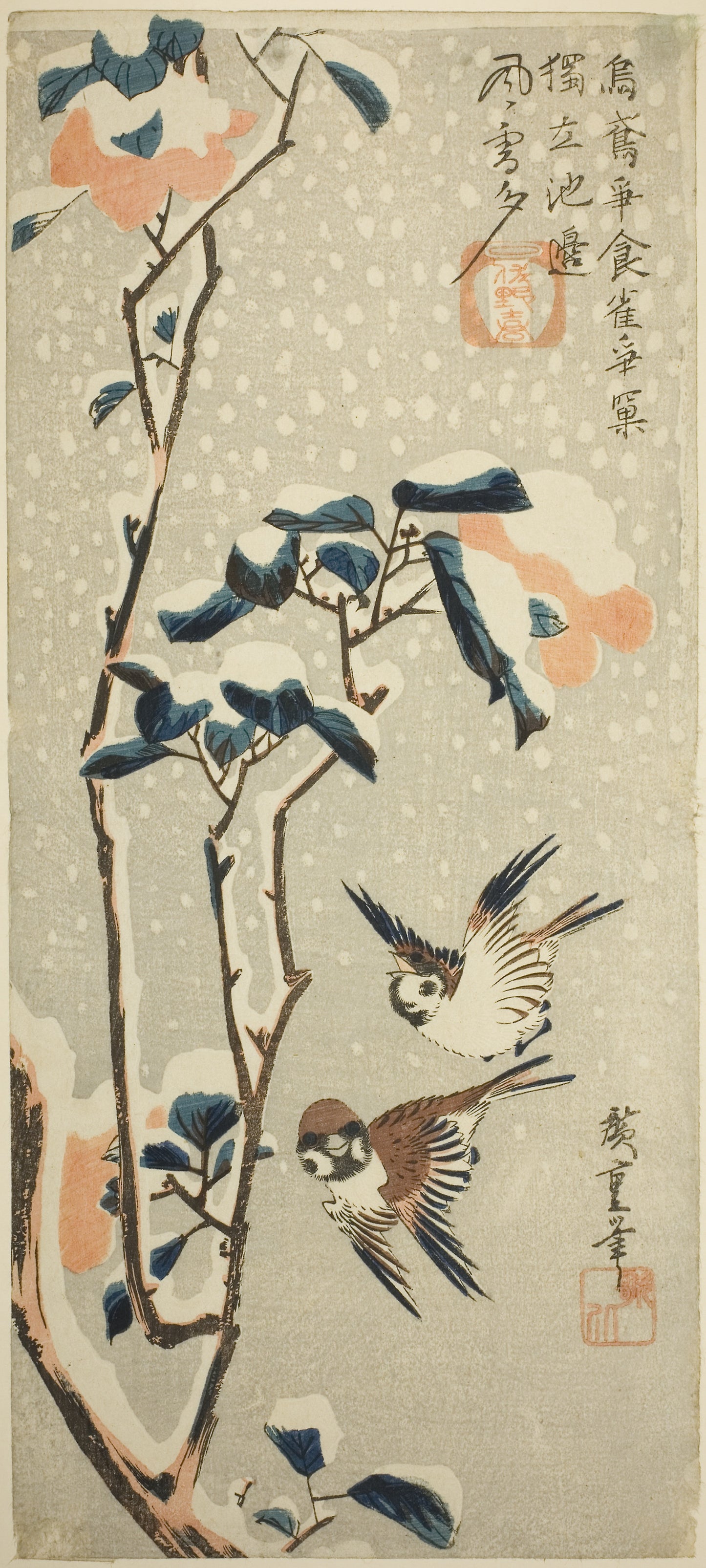 Sparrows and Camellia in Snow -  Utagawa Hiroshige ?? ??,  Poster Print Wall Art