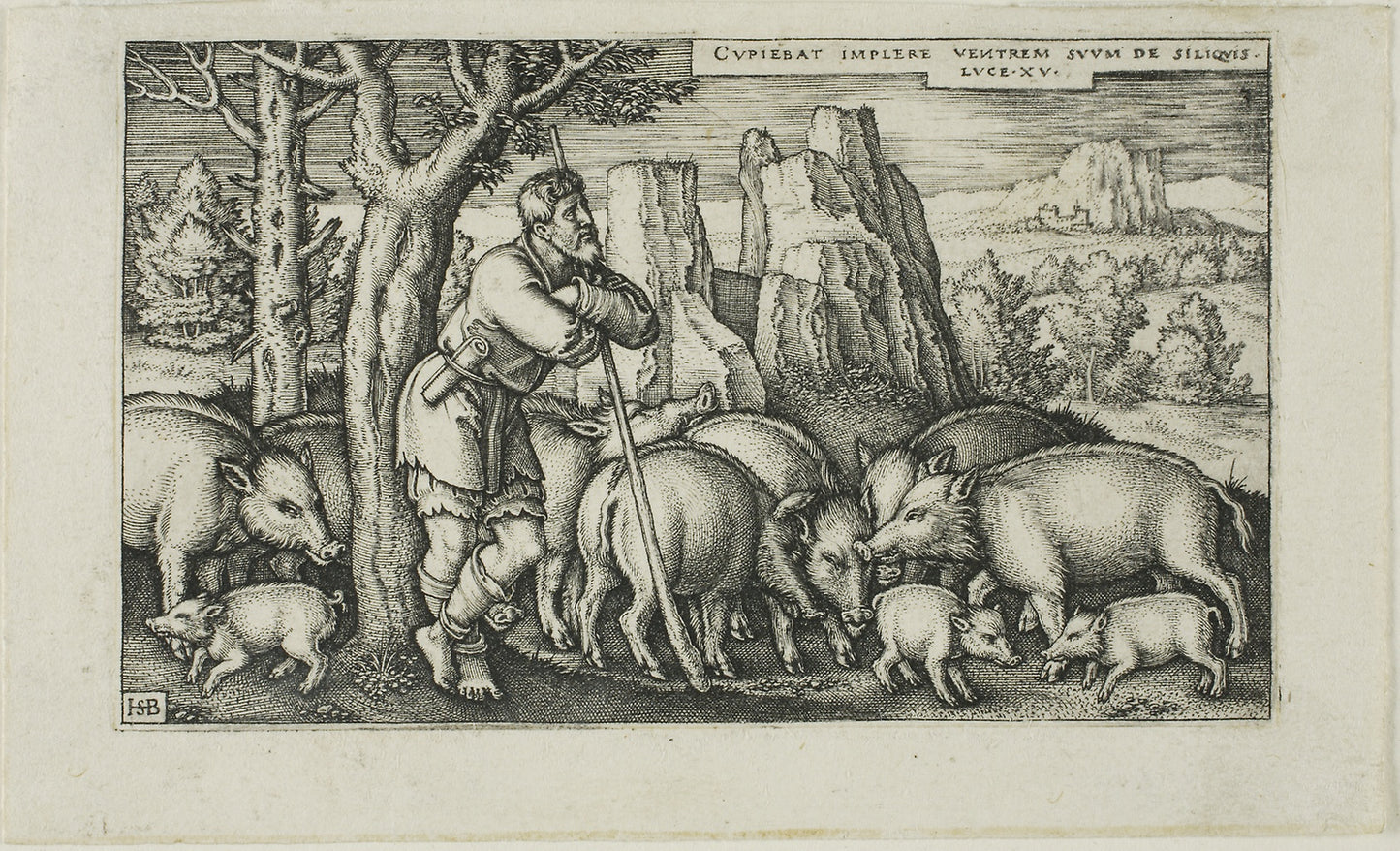 The Prodigal Son with the Swine, plate three from The History of the Prodigal Son -  Sebald Beham,  Poster Print Wall Art