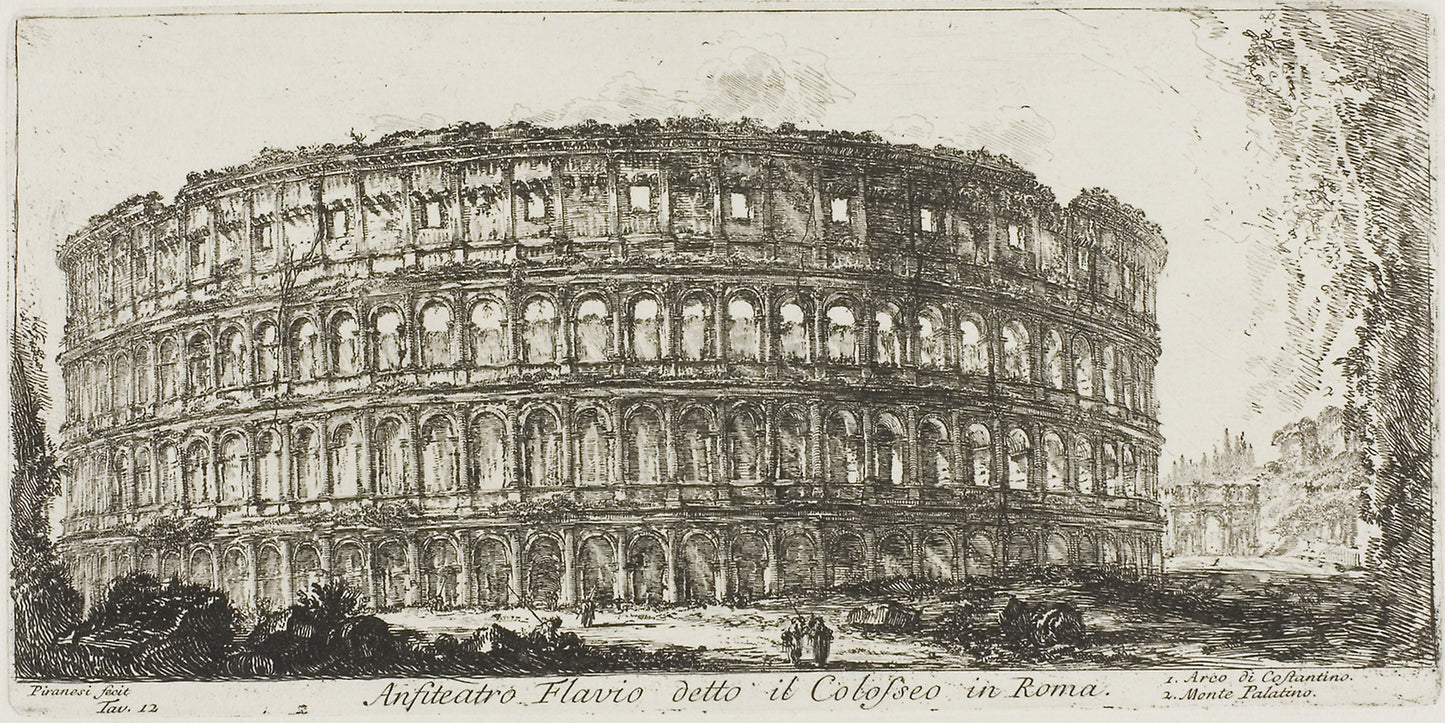 Flavian ampitheater, called the Colosseum. 1. Arch of Constantine. 2. Palatine Hill, plate 12 from Some Views of Triumphal Arches and other Monuments -  Giovanni Battista Piranesi,  Poster Print Wall Art