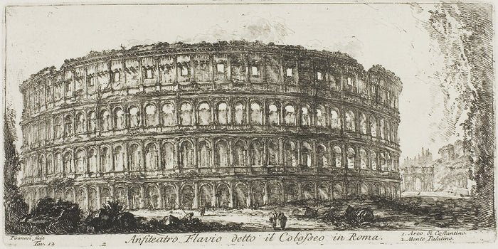 Flavian ampitheater, called the Colosseum. 1. Arch of Constantine. 2. Palatine Hill, plate 12 from Some Views of Triumphal Arches and other Monuments: Giovanni Battista Piranesi,16x12