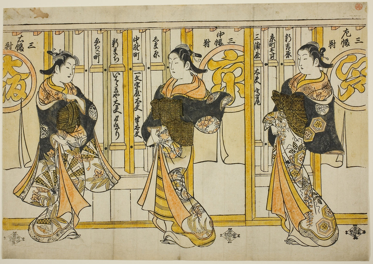 Beauties of the Three Capitals -  Edo (right), Kyoto (center), and Osaka (left) -  Attibuted to Torii Kiyomasu II,  Poster Print Wall Art