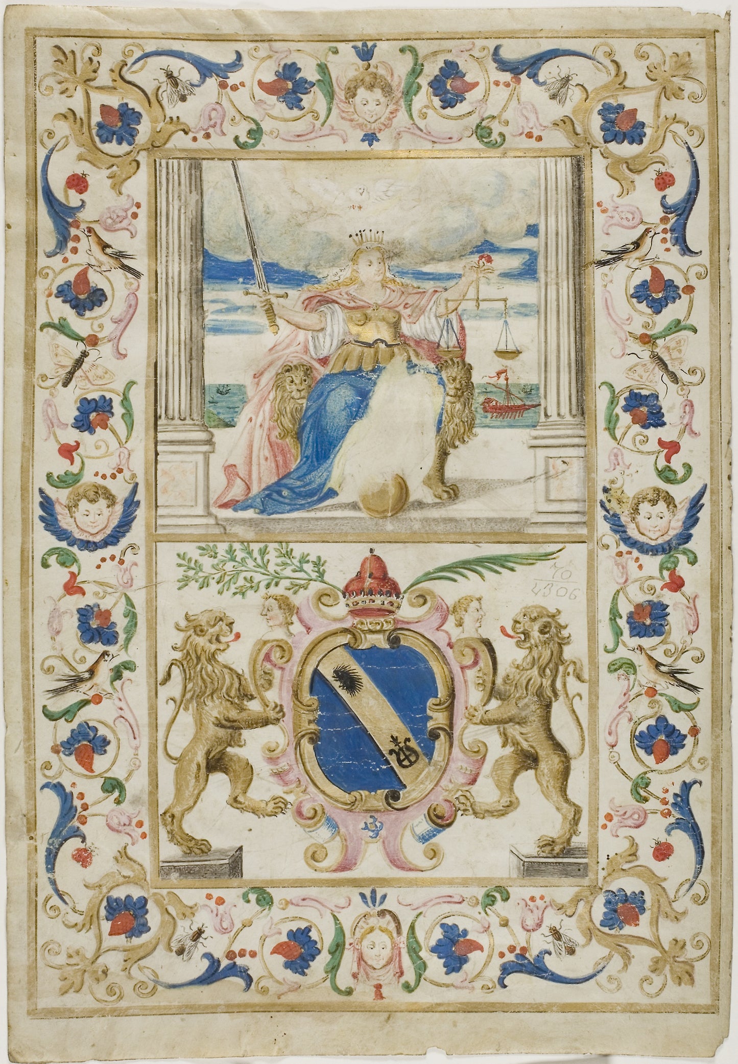 Figure of Justice and Shield with Lions Rampant: European, Poster Print Wall Art