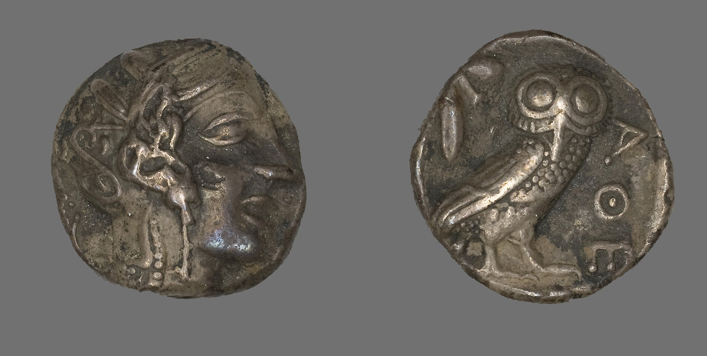 Tetradrachm (Coin) Depicting the Goddess Athena -  Greek, minted in Athens,  Poster Print Wall Art