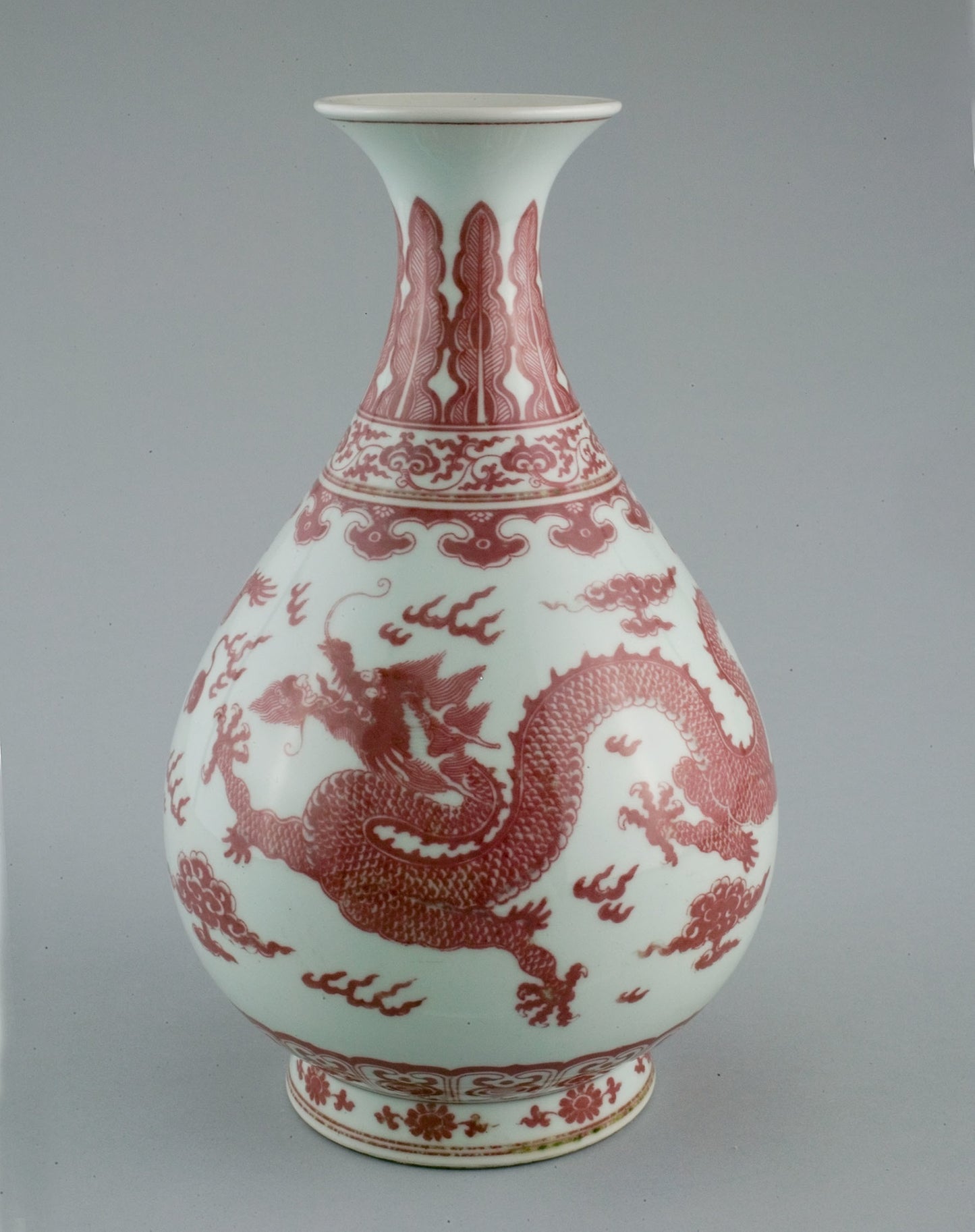 Bottle Vase with Dragons amid Clouds, Chasing Flaming Pearls; Pendant Ruyi; Lingzhi Scrolls; Upright Leaves and Petal Panels; and Florets Encircling Foot -  China,  Poster Print Wall Art