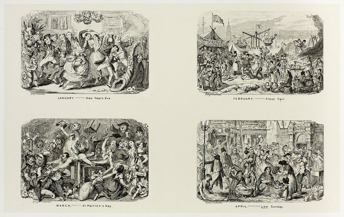 January – New Year's Eve from George Cruikshank's Steel Etchings to The Comic Almanacks: 1835-1853 (top left): George Cruikshank (English, 1792-1878),16x12