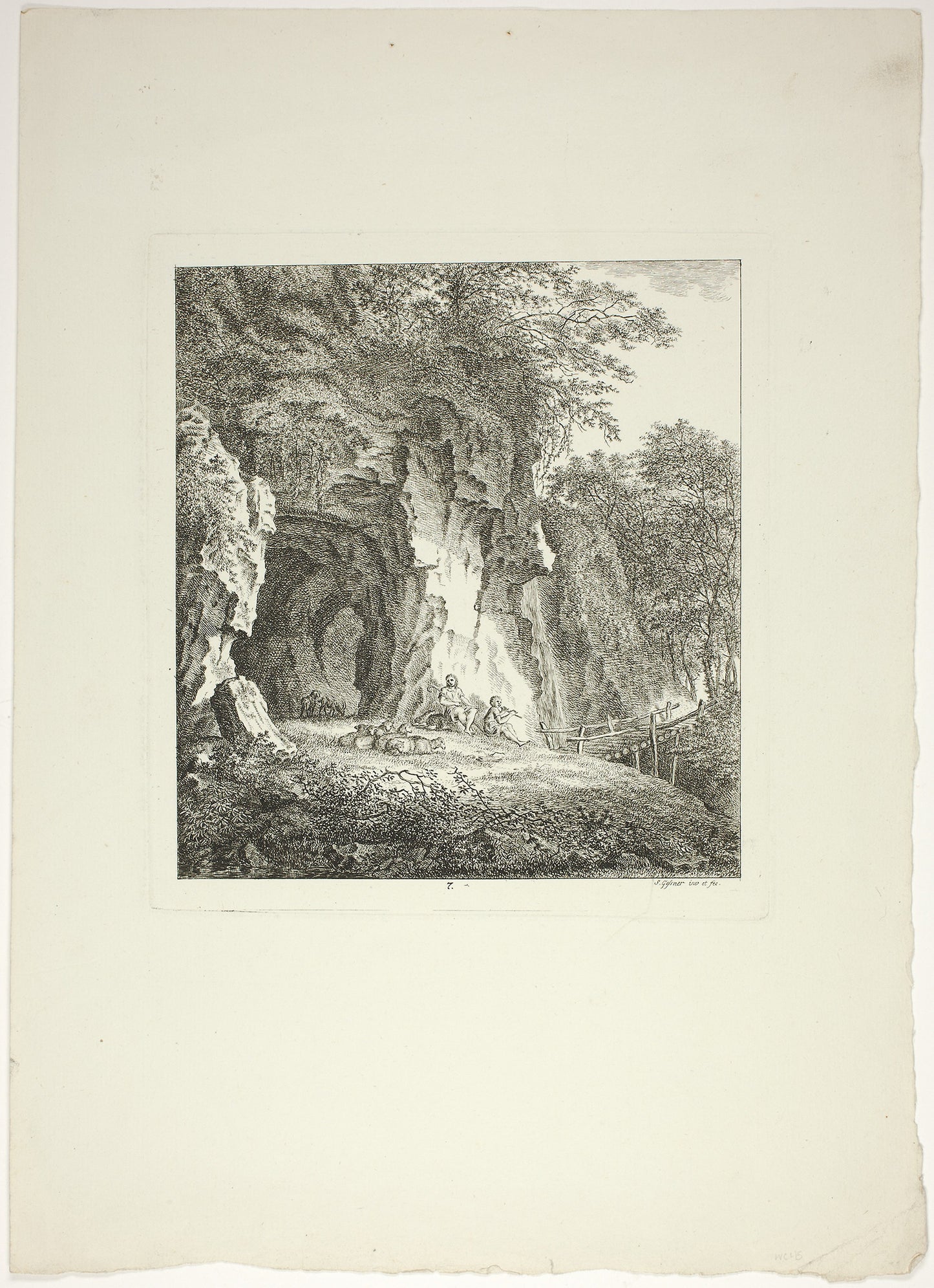 Shepherds and Sheep Resting Under a Bridge, plate seven from Paysages Dédiés à M. Warelet -  Salomon Gessner,  Poster Print Wall Art