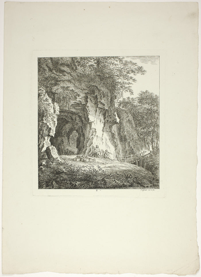 Shepherds and Sheep Resting Under a Bridge, plate seven from Paysages Dédiés à M. Warelet: Salomon Gessner,16x12
