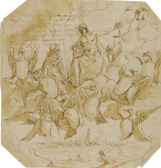 Design for a Commemorative Frontispiece with Eagles Clutching a Heraldic Shield, with Jupiter, vintage artwork by Attributed to Francesco Albani, 12x8" (A4) Poster