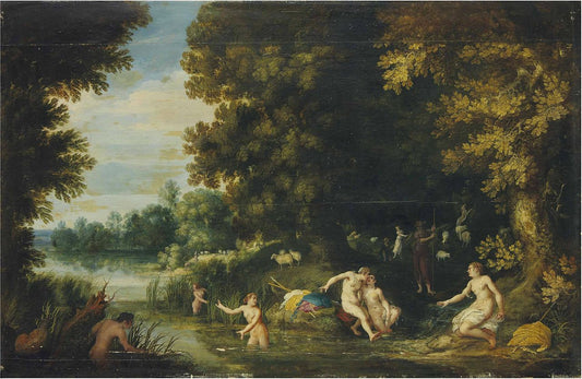 Diana and Callisto, Actaeon in the Distance, vintage artwork by Adriaen van Stalbemt, 12x8" (A4) Poster