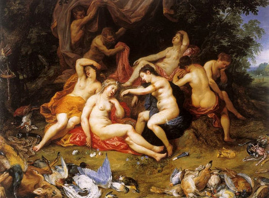 Diana and Her Nymphs Asleep, Spied Upon by  Satyrs, vintage artwork by Hendrick van Balen, 12x8" (A4) Poster