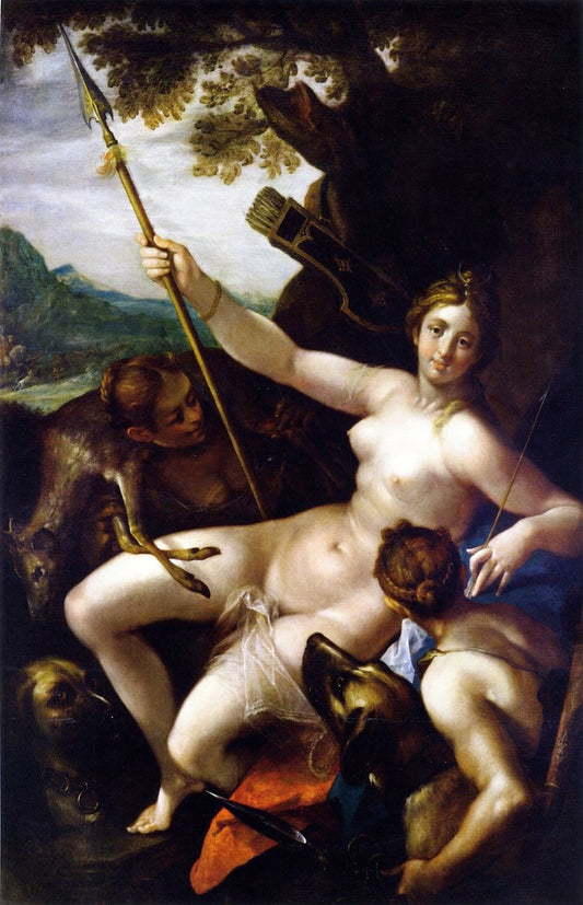 Diana and Her Nymphs at Rest after the Hunt, vintage artwork by Hans von Aachen, 12x8" (A4) Poster