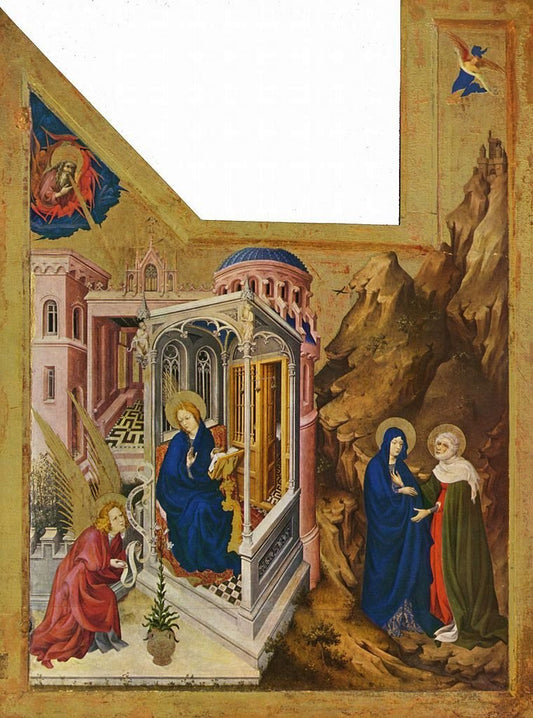 Dijon Altarpiece ~ 'Annunciation' and 'Visitation' (left wing), vintage artwork by Melchior Broederlam, 12x8" (A4) Poster
