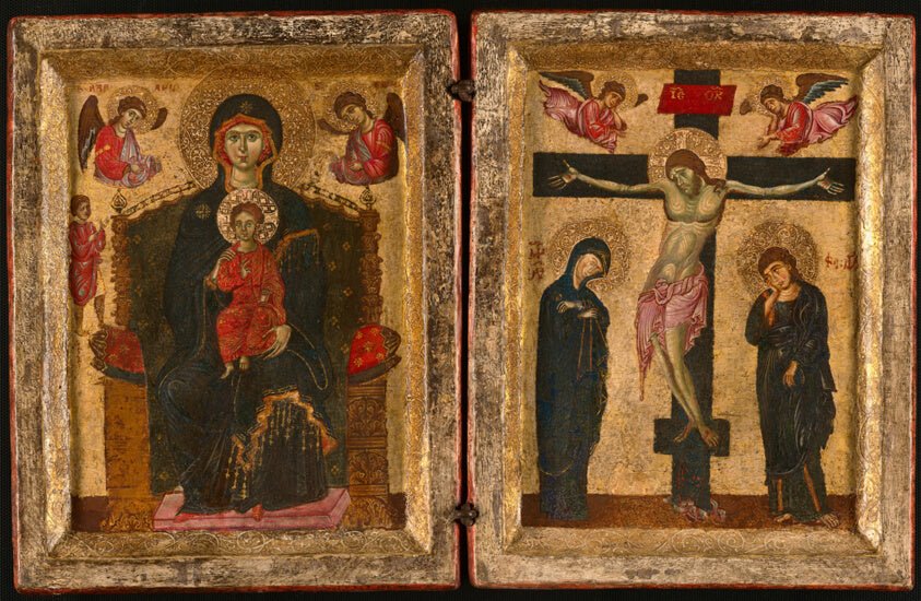 Diptych of the Virgin and Child Enthroned and the Crucifixion by  Eastern Mediterranean or Italian, 23x16"( A2 size) Poster Print
