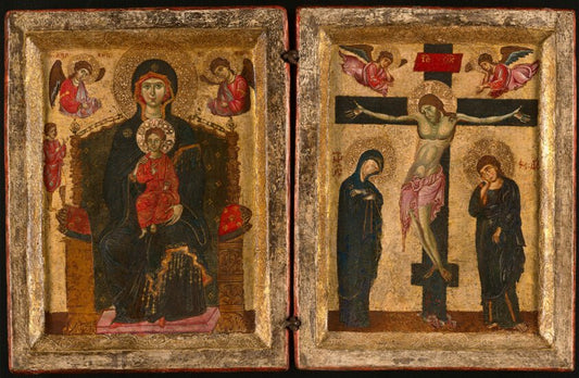 Diptych of the Virgin and Child Enthroned and the Crucifixion by  Eastern Mediterranean or Italian, 23x16"( A2 size) Poster Print