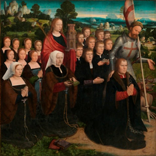 Diptych of the Virgin of Sorrows (left panel: Mayor Presented to Sts George and Barbara), vintage artwork by Adriaen Isenbrandt, A3 (16x12") Poster Print