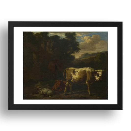 Dirck van den Bergen: Two Calves, a Sheep and a Dun Horse by a Ruin, Poster in 17x13"(A3) Frame