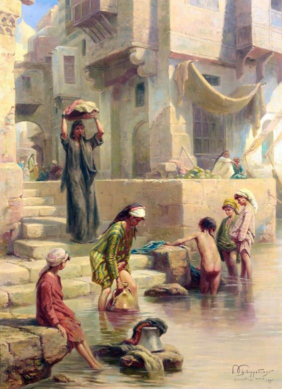 Wash day on the Nile, vintage artwork by Paul Dominique Philippoteaux, 12x8" (A4) Poster