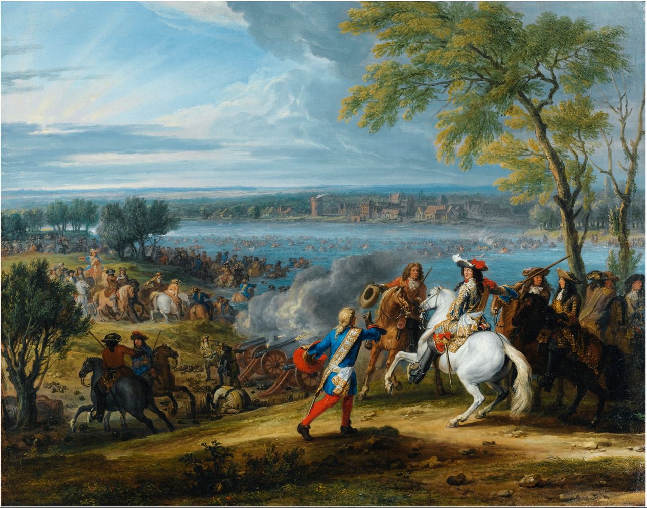 The crossing of the Rhine at Lobith, 12 June 1672, vintage artwork by Adam Frans van der Meulen, 12x8" (A4) Poster