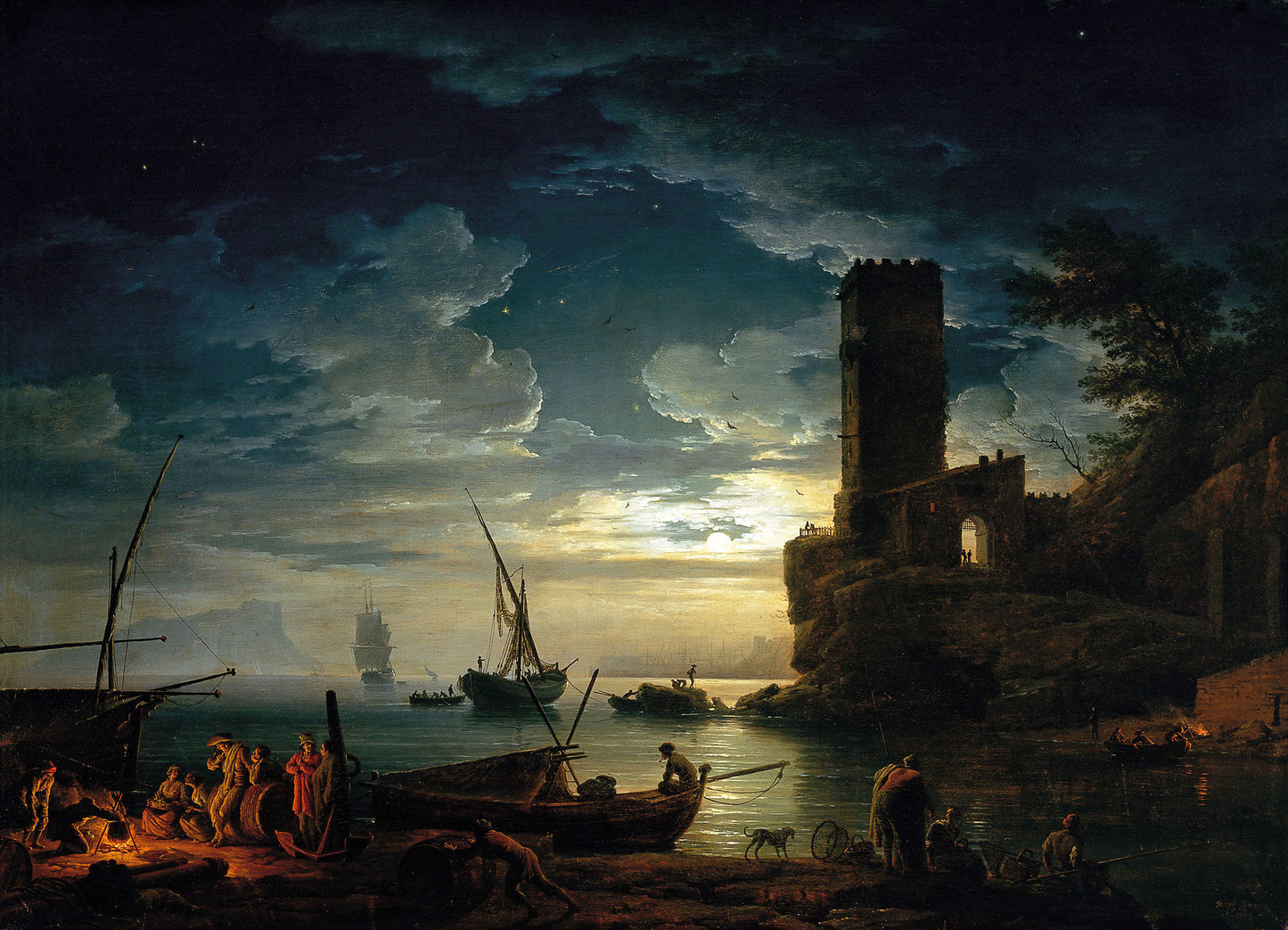 Night, Mediterranean Coast Scene with Fishermen and Boats, vintage artwork by Claude-Joseph Vernet, 12x8" (A4) Poster