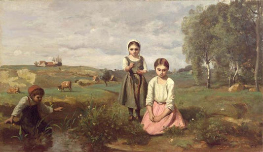 Children at the Edge of a Stream in the Countryside near Lormes, vintage artwork by Jean-Baptiste-Camille Corot, A3 (16x12") Poster Print