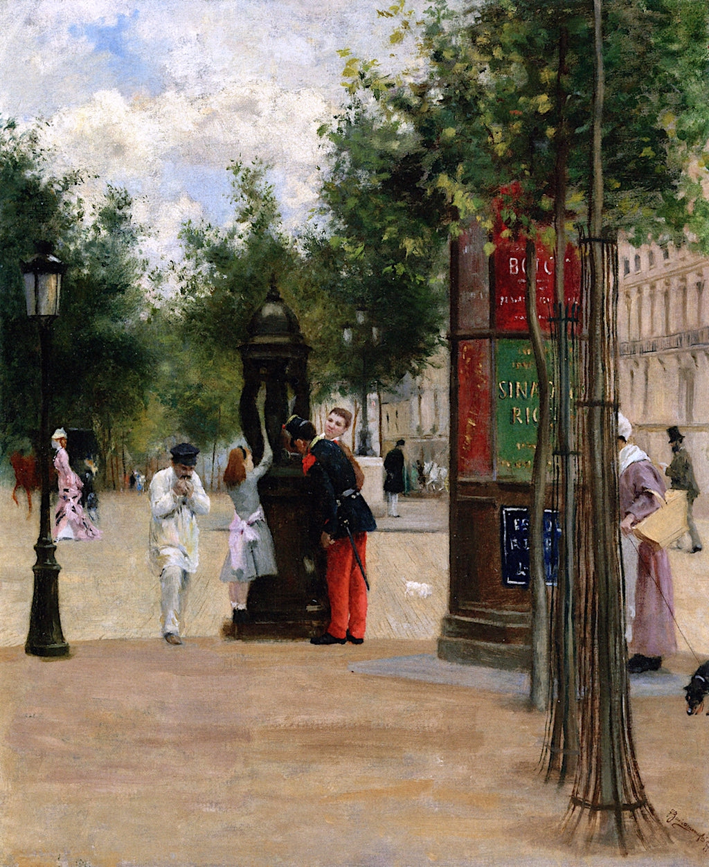 Figures by  a Wallace Fountain, Paris, vintage artwork by Federico Zandomeneghi, 12x8" (A4) Poster