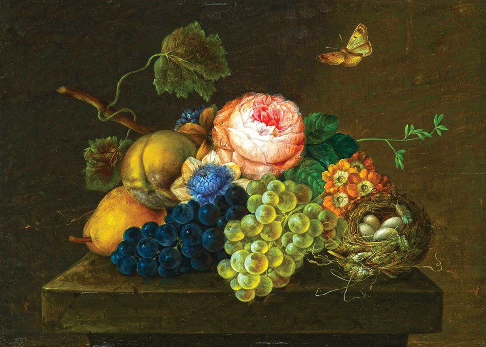 Still life with grapes, pears, flowers and bird's nest, vintage artwork by Franz Xavier Petter, A3 (16x12") Poster Print