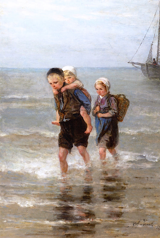 Children in the Breakers, vintage artwork by Jozef Israëls, 12x8" (A4) Poster