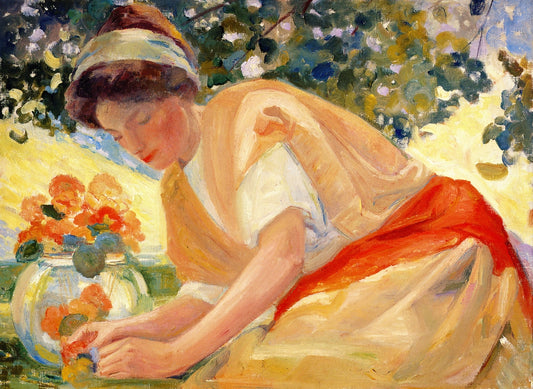 Lady and Her Bowl of Nasturtiums, vintage artwork by Albert Henry Krehbiel, 12x8" (A4) Poster