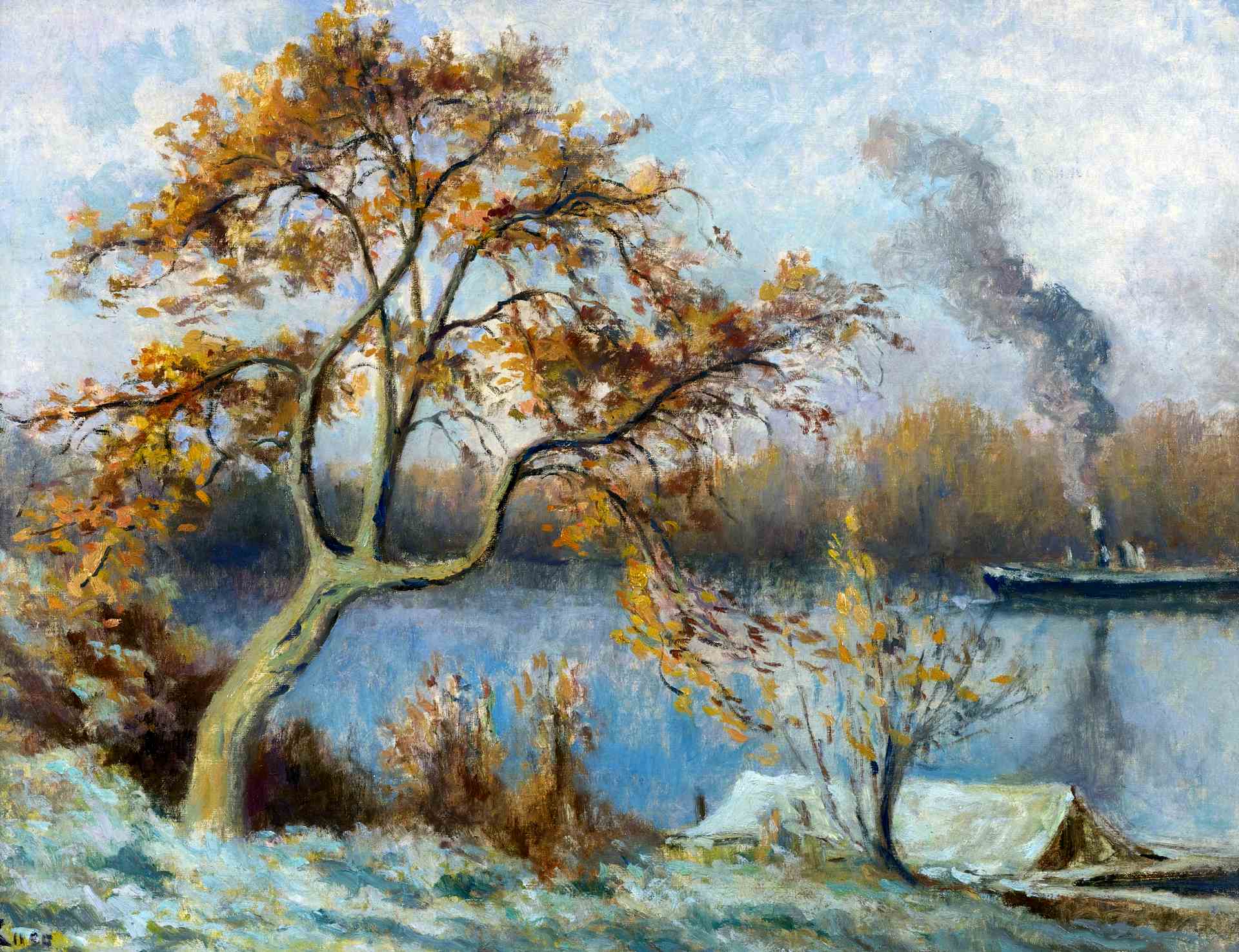 Boards of Seina at Spring - Les bords de Seine au printemps, vintage artwork by Maximilien Luce, 12x8" (A4) Poster