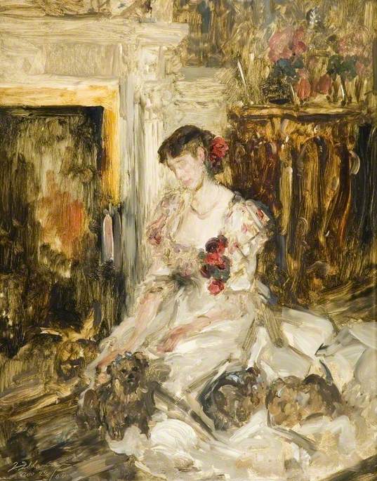 Lady Barber Seated with Yorkshire Terriers in the Music Room at Culham Court, vintage artwork by Sir James Jebusa Shannon, 12x8" (A4) Poster