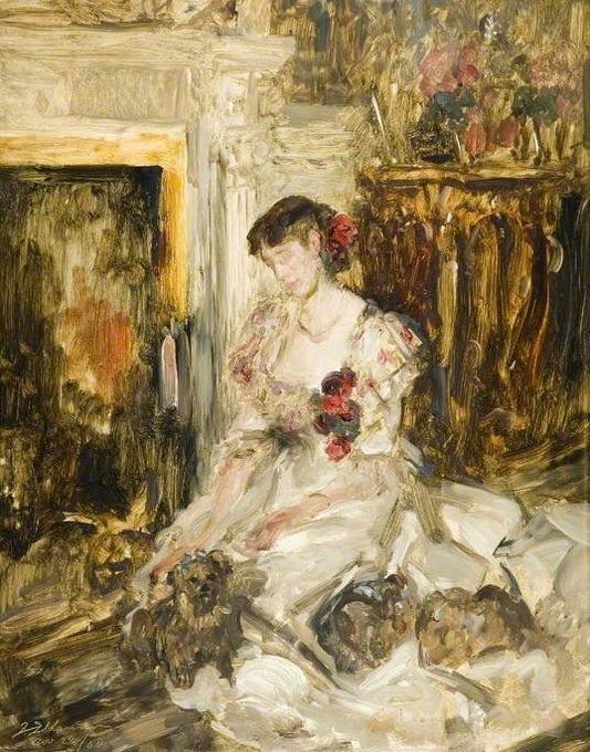 Lady Barber Seated with Yorkshire Terriers in the Music Room at Culham Court, vintage artwork by Sir James Jebusa Shannon, 12x8" (A4) Poster