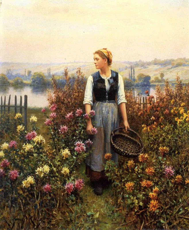 Girl with a Basket in a Garden, vintage artwork by Daniel Ridgway Knight, 12x8" (A4) Poster