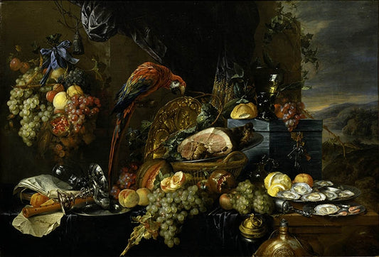 Still Life with Fruit, Oysters, Meat and Parrot, vintage artwork by Cornelis de Heem, 12x8" (A4) Poster