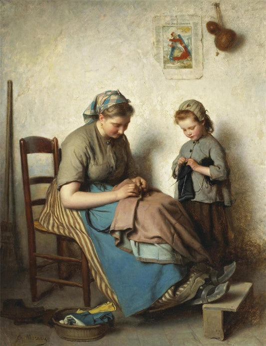 The Knitting Lesson, vintage artwork by Charles Moreau, 12x8" (A4) Poster