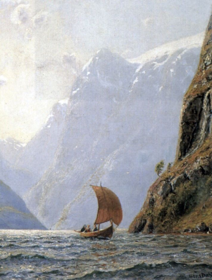 Sailing in a Fjord, vintage artwork by Hans Dahl, 12x8" (A4) Poster
