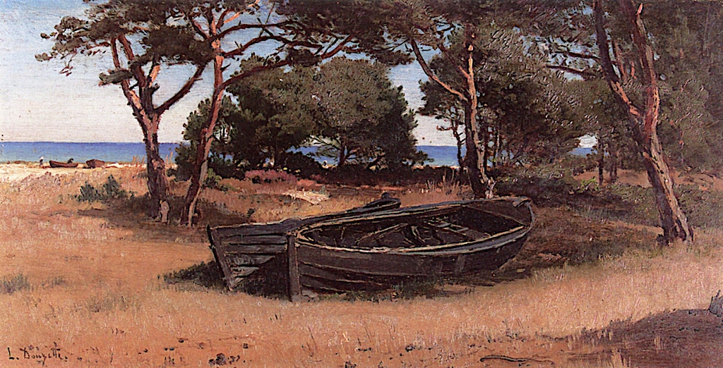 Wooded Coast with Boats, vintage artwork by Louis Douzette, 12x8" (A4) Poster