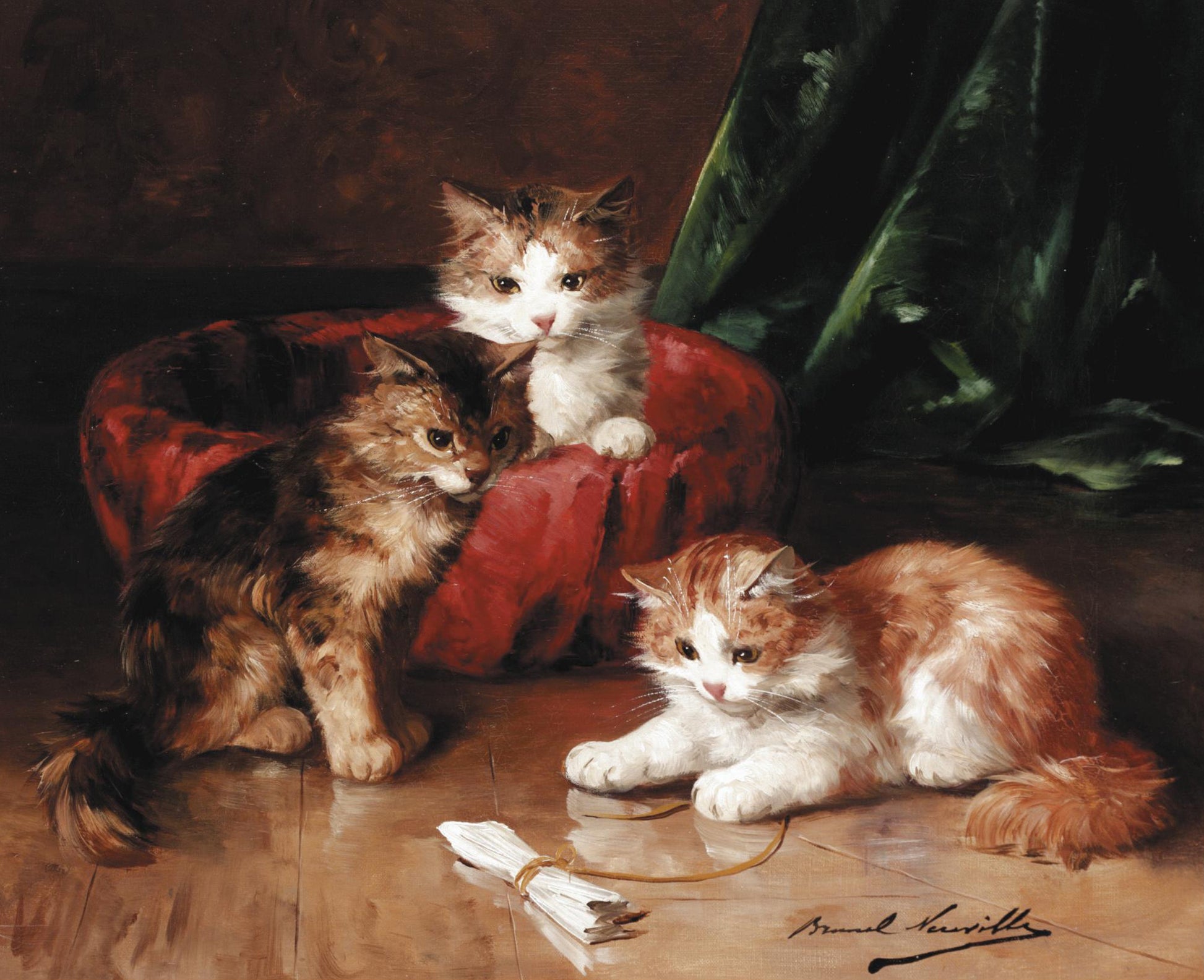 three young kittens by Alfred Brunel de Neuville,A3(16x12")Poster