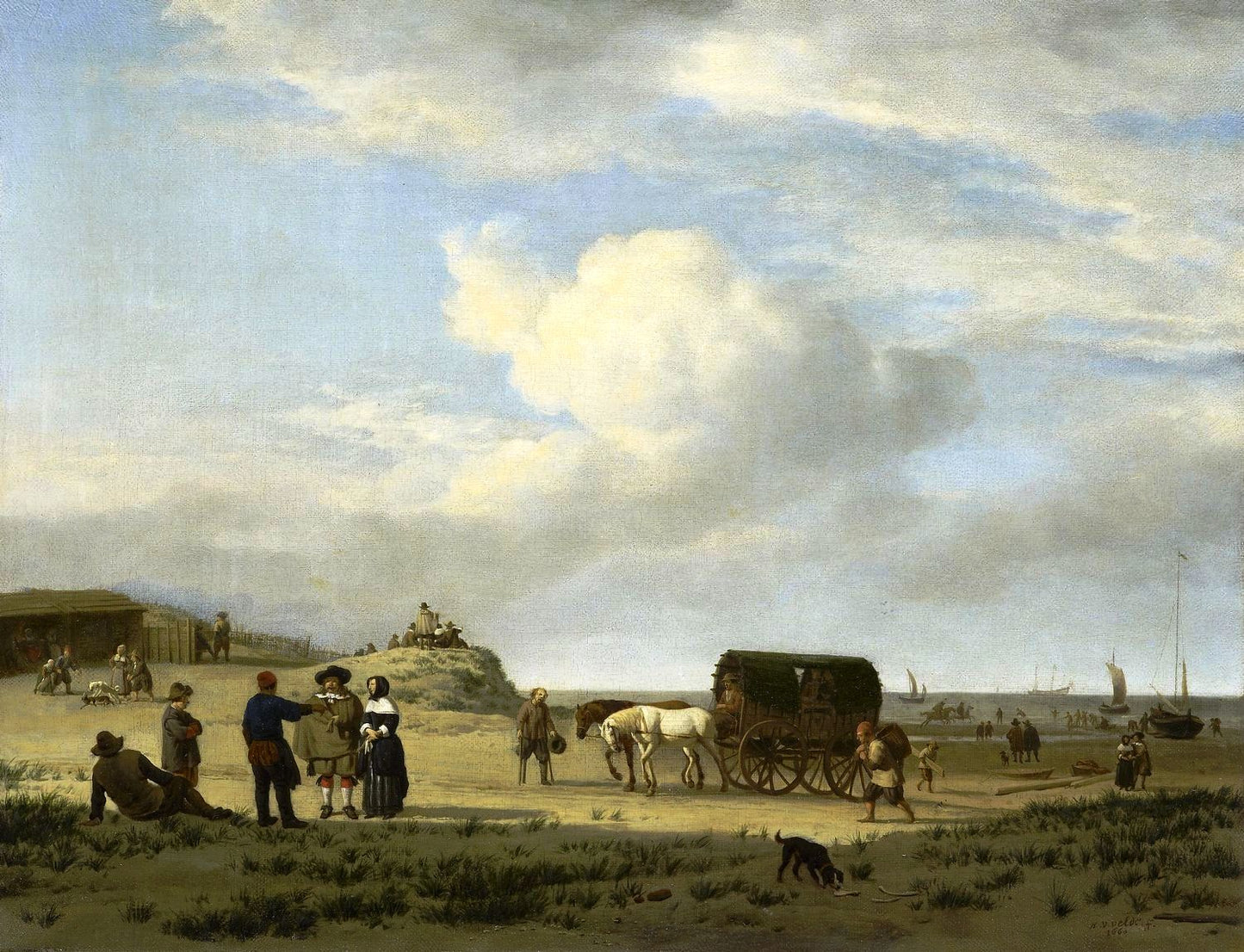Figures on the Coast at Scheveningen, vintage artwork by Adriaen van de Velde, 12x8" (A4) Poster