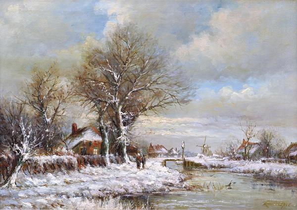 Lakeside Town Blankets with Snow, vintage artwork by Attributed to Louis Apol, 12x8" (A4) Poster