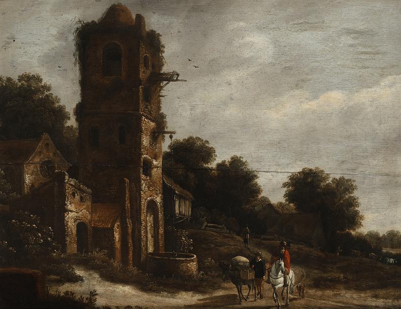 Landscape with Ruin and Figures, vintage artwork by Roelof van Vries, 12x8" (A4) Poster