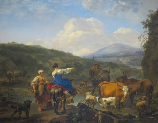 Cattle at a Watering Place, vintage artwork by Nicolaes Berchem, 12x8" (A4) Poster