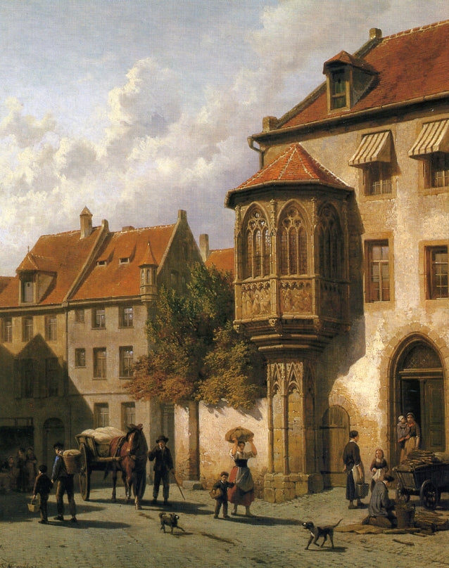 Figures in the Street of a Dutch Town, vintage artwork by Jacques Francois Carabain, 12x8" (A4) Poster