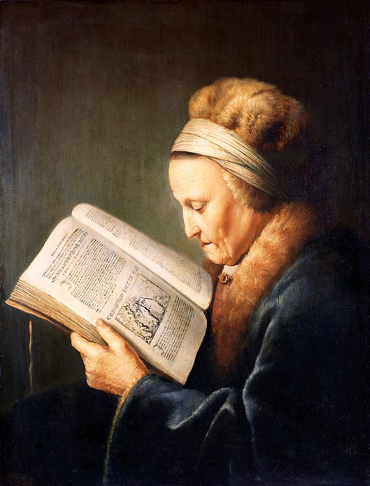 Portrait of an old woman reading, vintage artwork by Gerrit Dou, 12x8" (A4) Poster