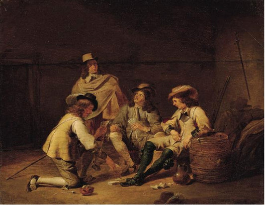 Guardroom Interior with Soldiers Playing Cards, vintage artwork by Jan Olis, 12x8" (A4) Poster
