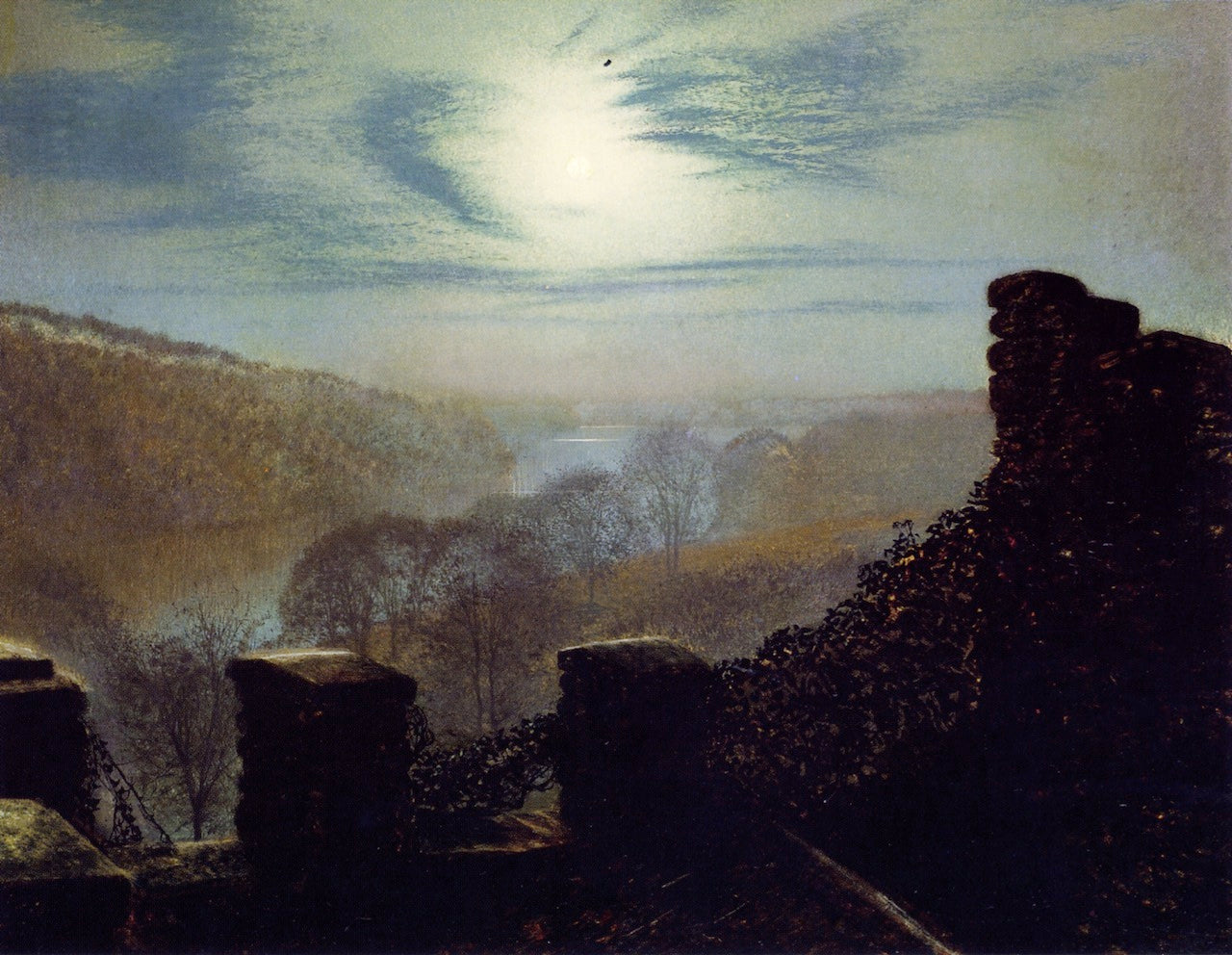 Full Moon behind Cirrus Cloud from the Rounday Park Castle Battlements, vintage artwork by John Atkinson Grimshaw, 12x8" (A4) Poster