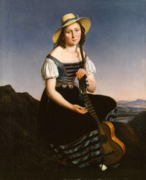 Madchen mit Gitarre in der Landschaft, vintage artwork by Louis Anton Gottlob Castelli, A3 (16x12