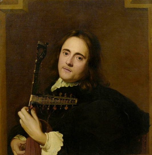 A young man playing a theorbo-lute, vintage artwork by Jacob van Oost the Elder, 12x8" (A4) Poster