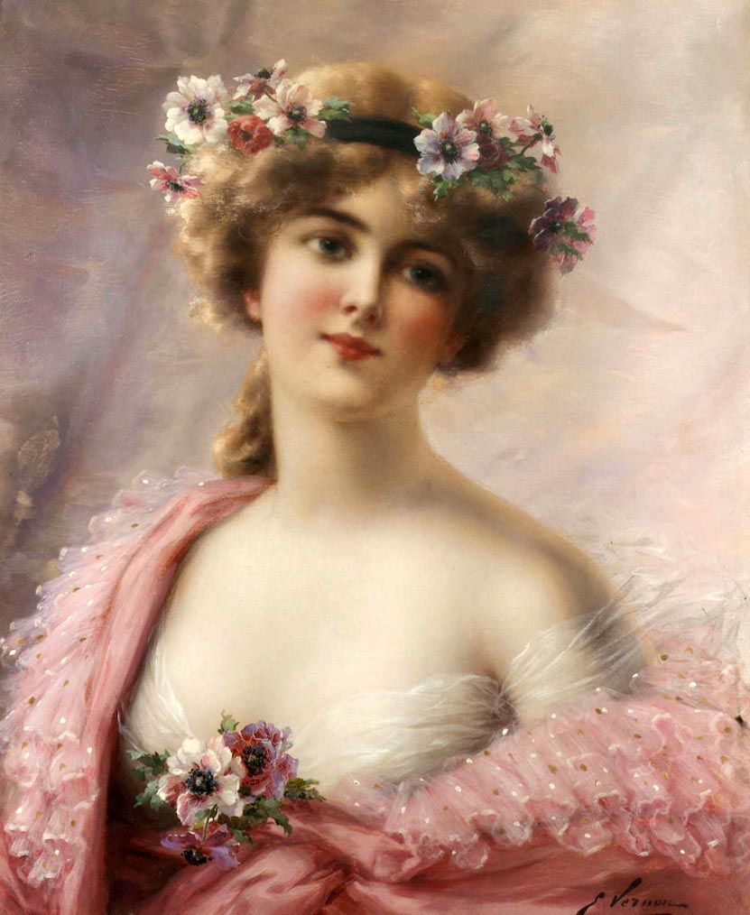 Young Girl with Anemones by Emile Vernon,16x12(A3) Poster